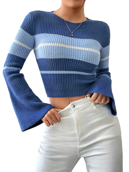 Chic Striped Flare Sleeve Knit Top