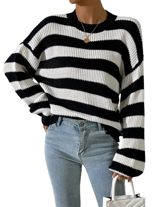 Elegant Drop Shoulder Stripe Sweater