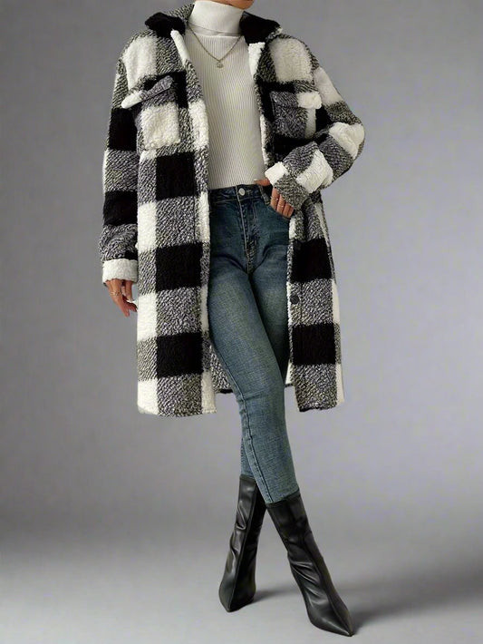 Plaid Fuzzy Button-Front Coat